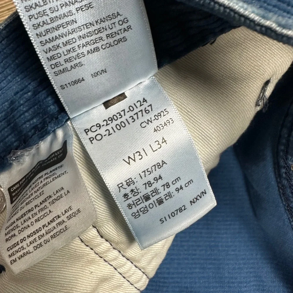 Levis Premium 568 Loose Straight Corduroy Pants Mens 31x34 Indigo Blue NEW